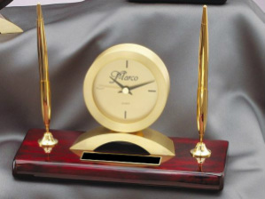 Rosewood Desk Clock w/Pen Set